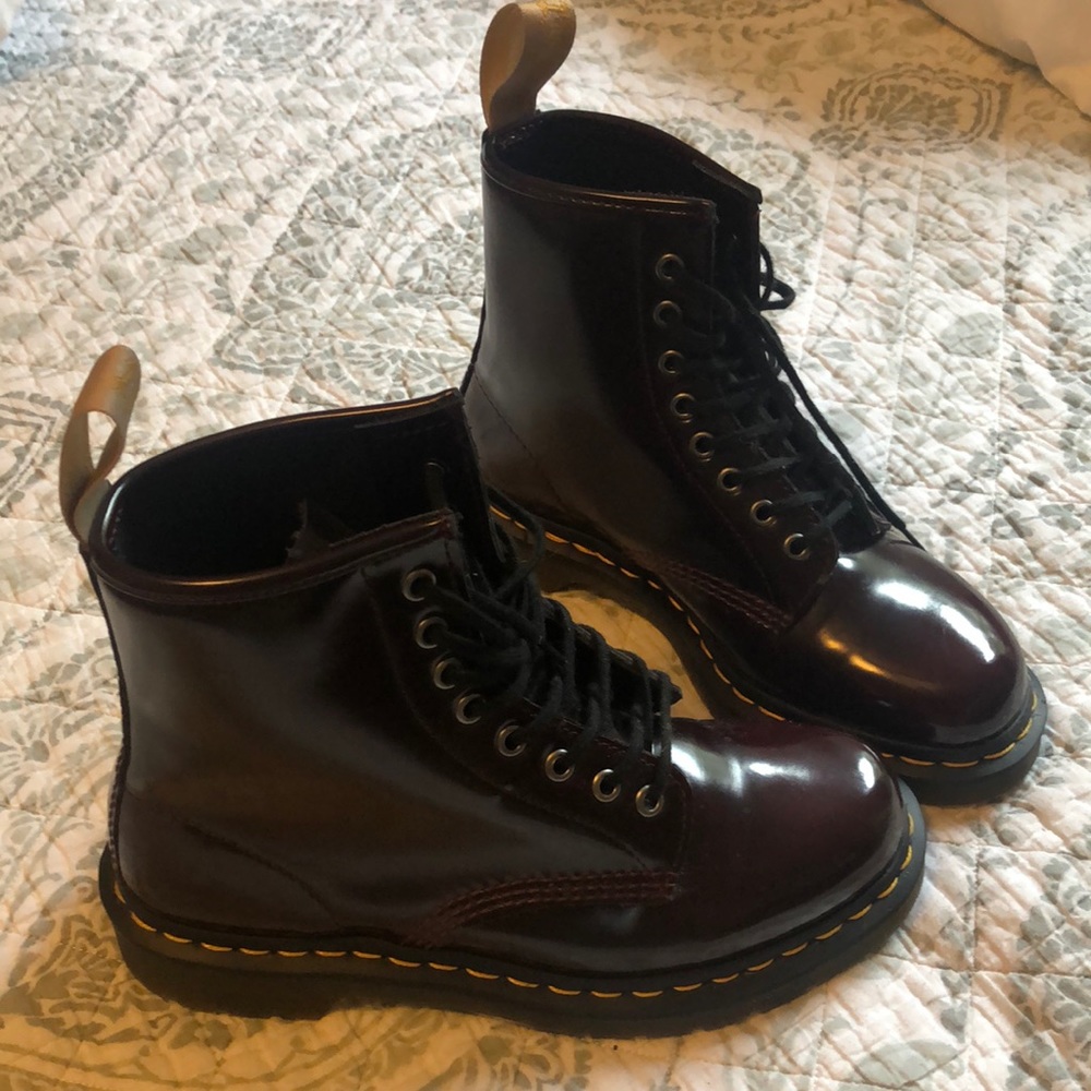 Cherry red vegan Doc Martens.